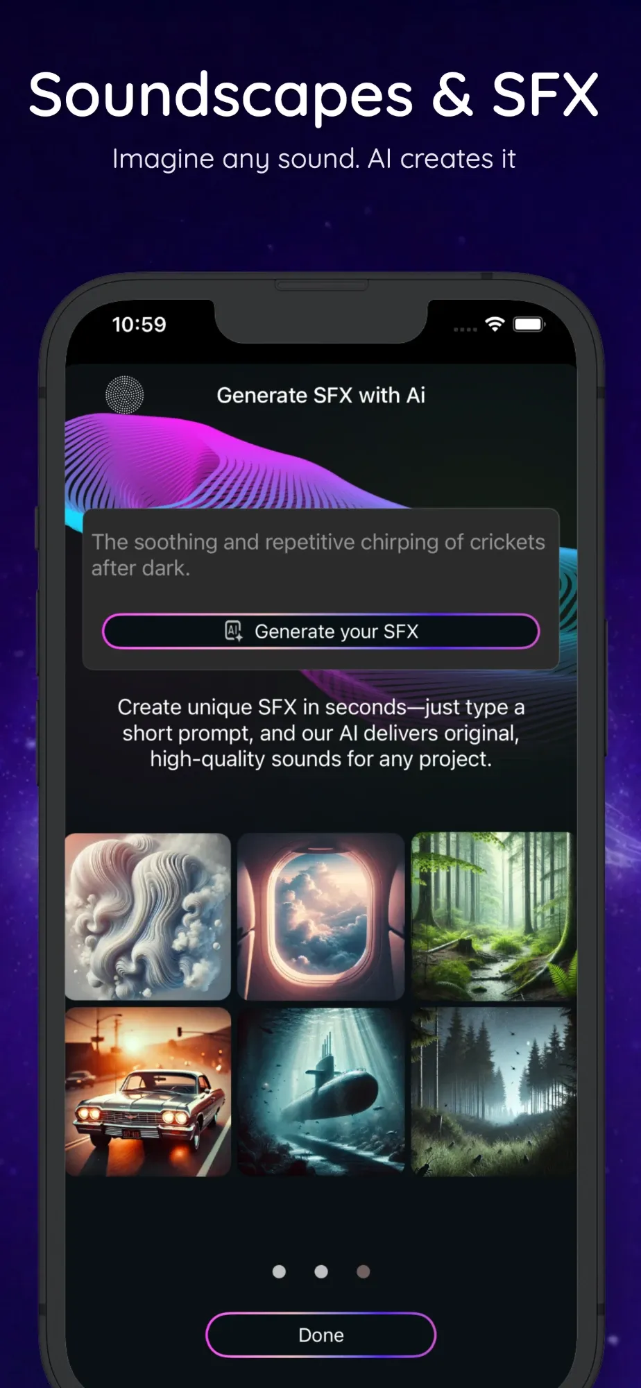 The Solbox AI sound effect generator with a prompt about crickets and a gallery of generated sounds.