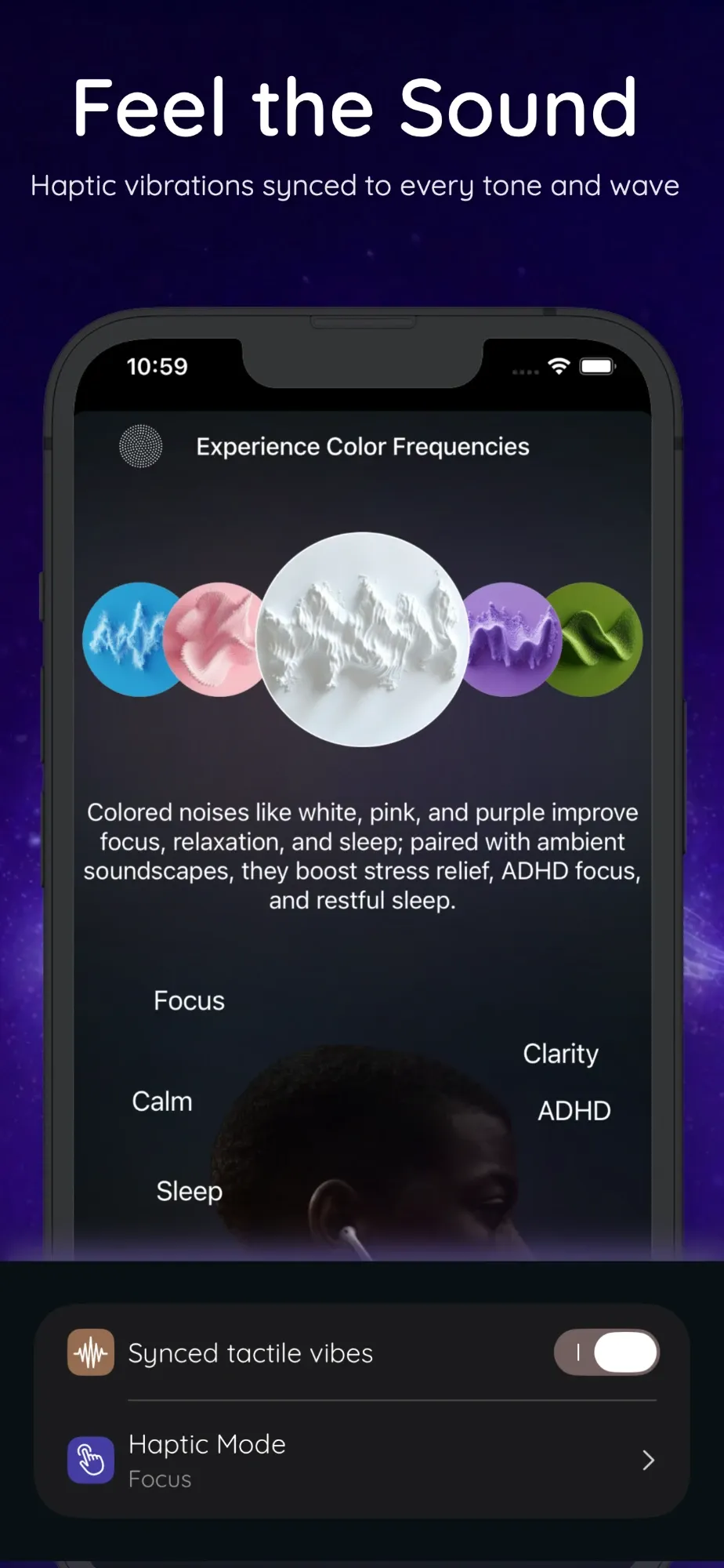 Solbox haptic settings with synced tactile vibes switched on and the haptic mode set to Focus.