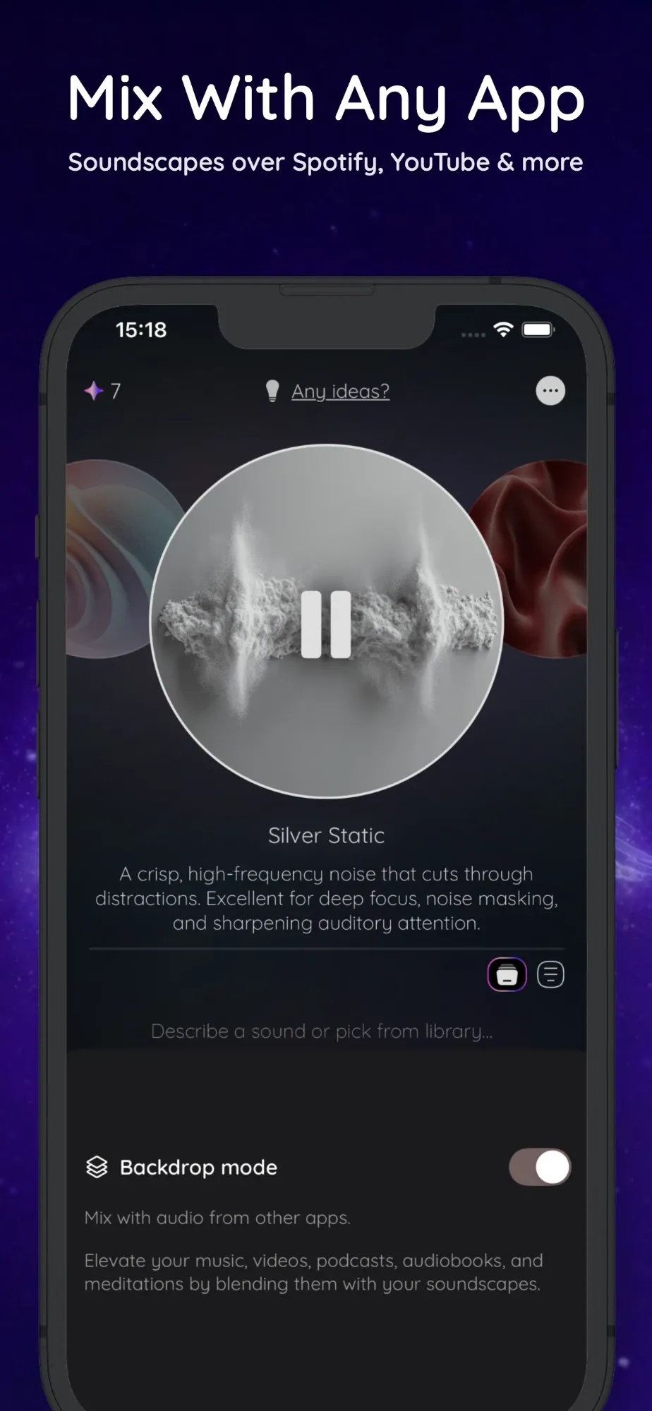 Solbox playing Silver Static with Backdrop mode switched on, so it mixes with audio from other apps.