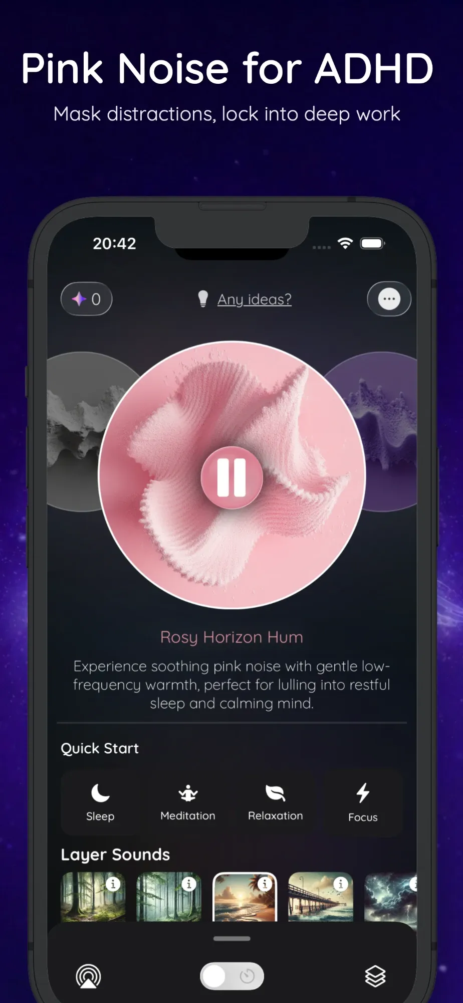 Solbox playing Rosy Horizon Hum, a pink noise soundscape, with Quick Start buttons for Sleep, Meditation, Relaxation and Focus.