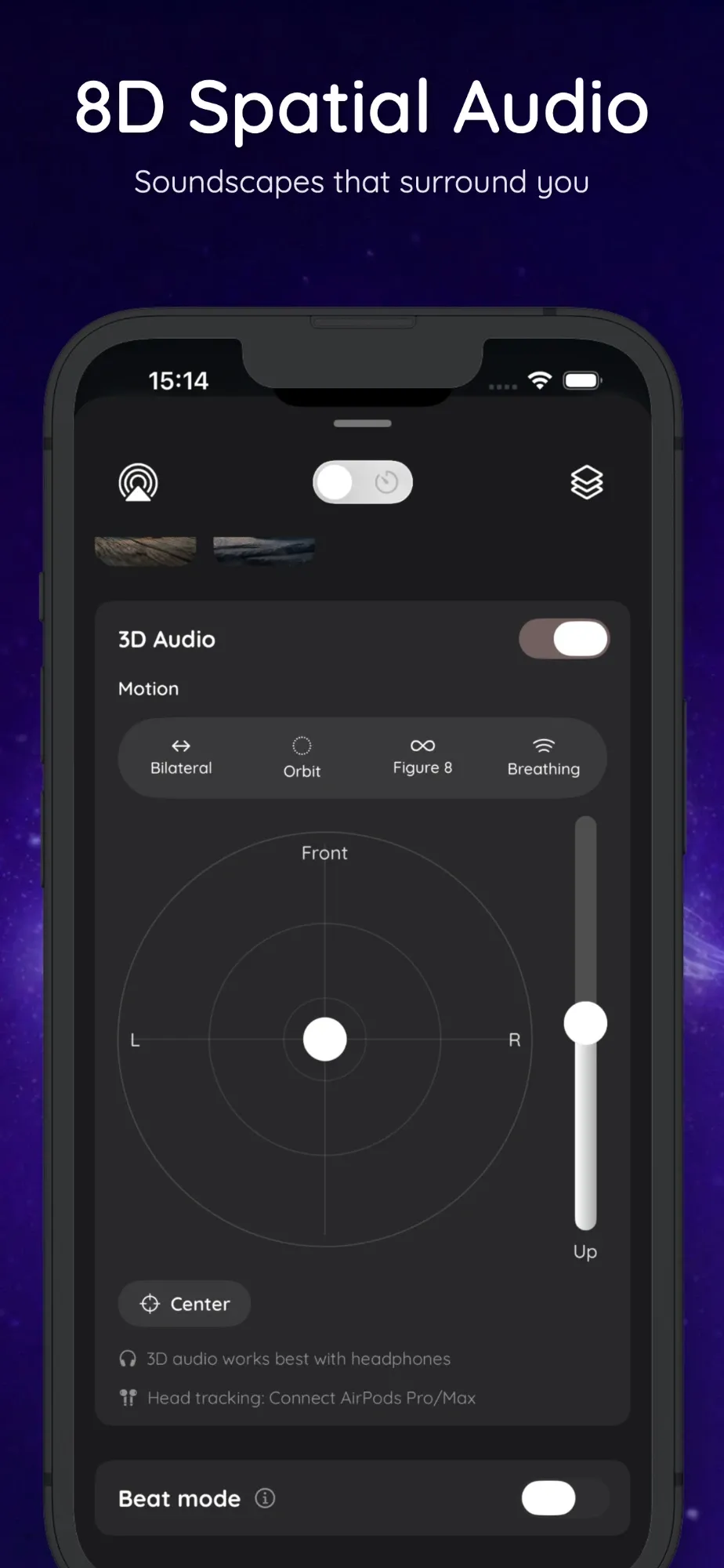 The Solbox 3D Audio panel with Bilateral, Orbit, Figure 8 and Breathing motion presets and a position pad.